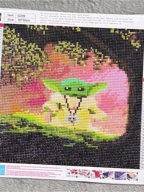 Finished Diamond Painting Green Alien Baby Diamond Art Canvas with Pink Sunset